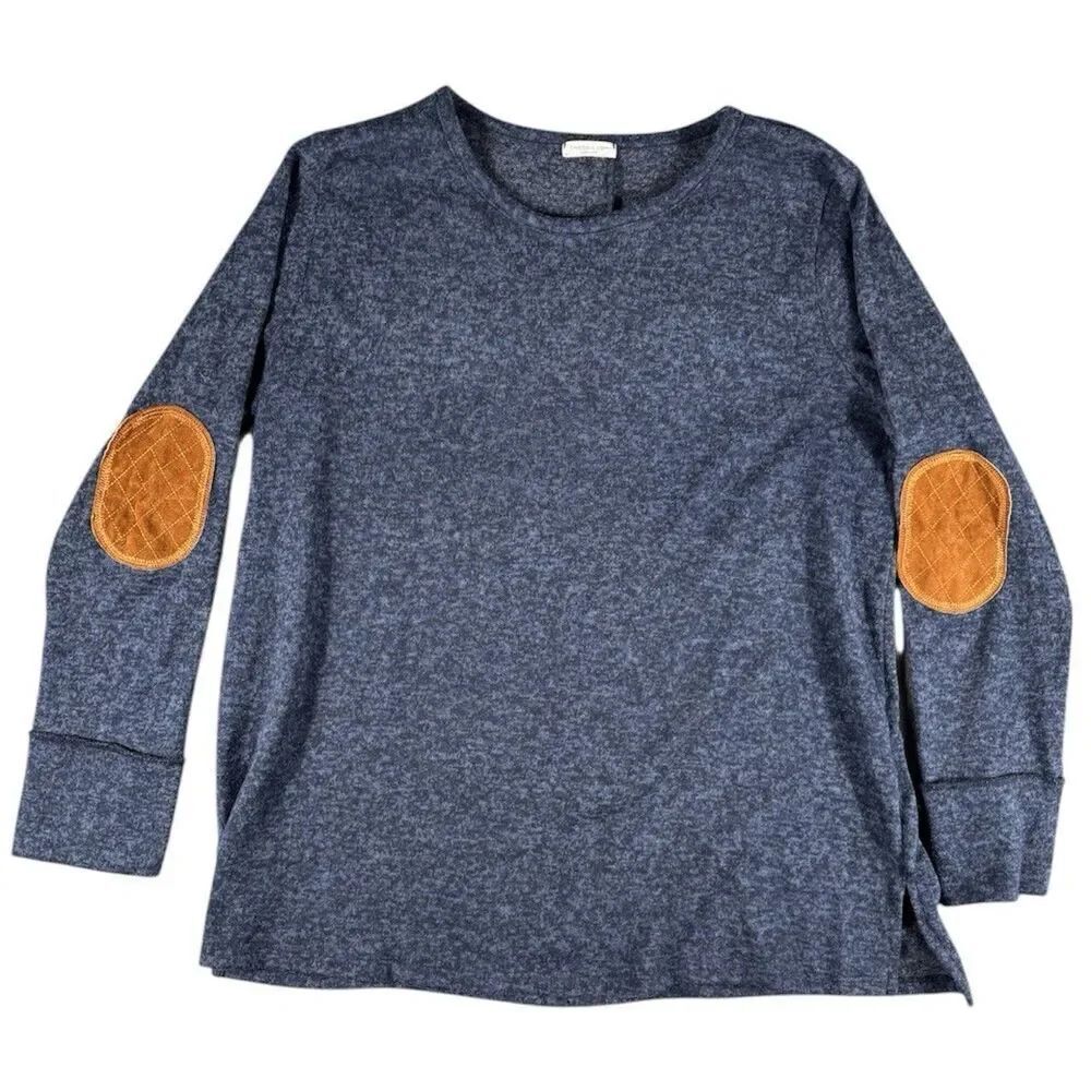 Chic Soul Sz 1XL Knit Pullover Sweater Elbow Patch Button on Back Blue Brown USA